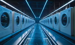a row of washers that are in the middle of a building