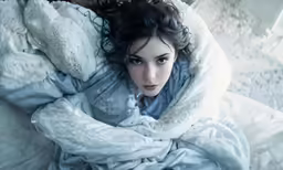 a woman sitting on top of a bed covered in blankets