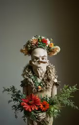 an image of a statue head holding flowers