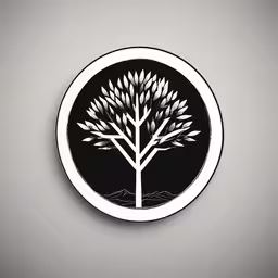 black and white tree icon with circle frame,a stylized tree in a round frame, with hills around it