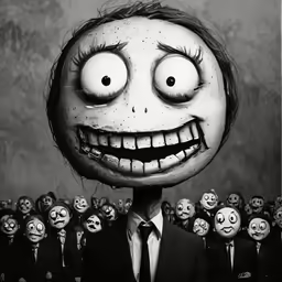 the person has many eyes, one big head and two small mouths