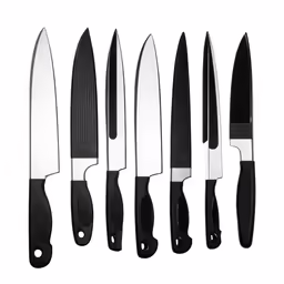 six black knives with large knives on each blade