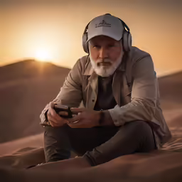 a man sits on the sand with his headphones to his ears