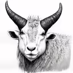 black and white drawing of long horn sheep