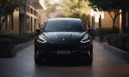 a very clean, sleek looking black car in the middle of a street