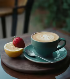 a cup with cappuccino, strawberry and lemon on a table