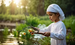 young boy dressed in traditional dress placing flowers on a plant,the little boy is holding a stick with flowers in it