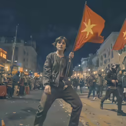 man holding up a red and yellow flag