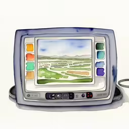 a drawing of an old television with watercolors,watercolor of a monitor in different colors on a white background