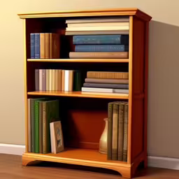 bookshelf made from wood with some books on top,books are lined up on a book shelf,an empty book shelf in a corner of a room,an image of a shelf that has books on it,an open book shelf against a wall filled with books