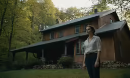 a woman standing outside of a wooden house