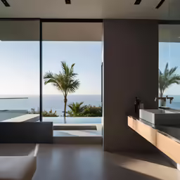 large bathroom with view of an ocean and sky