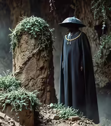 a man in a black outfit wearing a hat and cloak