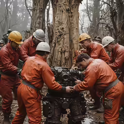 several firefighters working on the engine of a plane