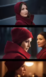 a woman in a red dress and hood in a building