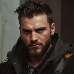 the man is looking into the camera with a serious look