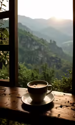 there is a cup and saucer sitting on the table