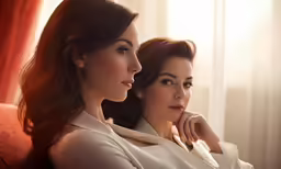 two women sitting next to each other on a couch