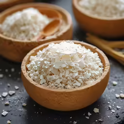 wooden bowls filled with rice and spoons sitting on a counter