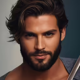 a close up of a male with a sword
