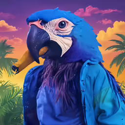 a colorful parrot standing in front of palm trees