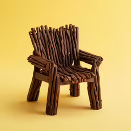 a chair made out of sticks on a yellow surface