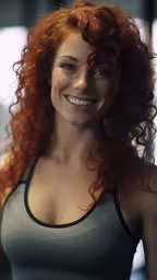 an attractive young woman with large red curly hair,a woman with red hair standing in a gym