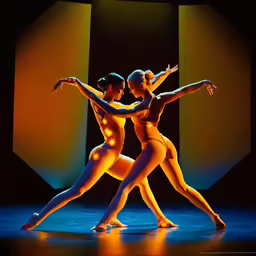 two ballerinas with yellow light in the background