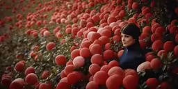 there is a woman posing in the midst of a field of red apples