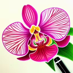a purple flower drawn on top of a sheet of paper,the top section of an orchid flower drawn in colored pencils