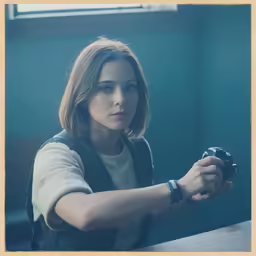 a woman sitting at a table taking a picture with a camera