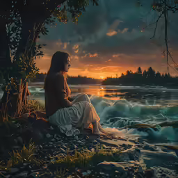 woman sitting on edge of cliff overlooking body of water at sunset