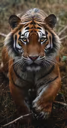 a tiger in a field with grass and trees