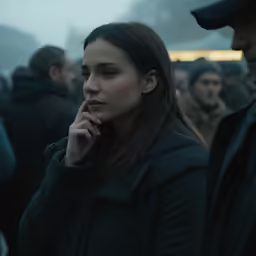 a woman in a crowd looking at something with her hand near her face