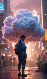 a man with a backpack standing in the rain with a cloud over him,a man wearing a backpack is standing in front of a huge cloud of smoke