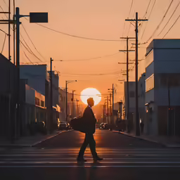 a person walking down a road near power lines