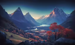 a beautiful view of some mountains with a lake below