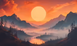 a large orange sun over a body of water