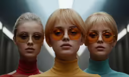 three women with large orange glasses standing next to each other