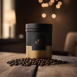 coffee beans on top of a table with a can