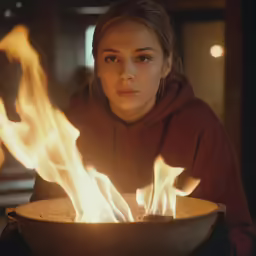 a girl with hoody looks as if in flames