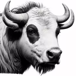 a bull with long horns is looking forward