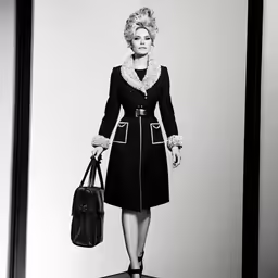 a woman holding a purse on a table