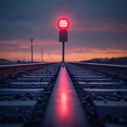 an image of railroad track crossing with lights on