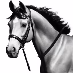 black and white photograph of a horse in full bridle