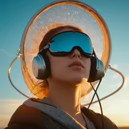 woman wearing headphones and standing outside at sunset