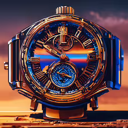 the front end of a large watch on display in front of a cloudy sky,a gold and blue watch sitting on top of a wooden table