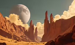alien scenery showing huge and distant rock formations in desert
