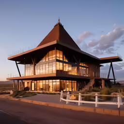 a big building with some windows lit up at dusk