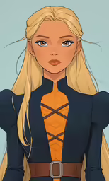 the blonde female character, dressed in blue
